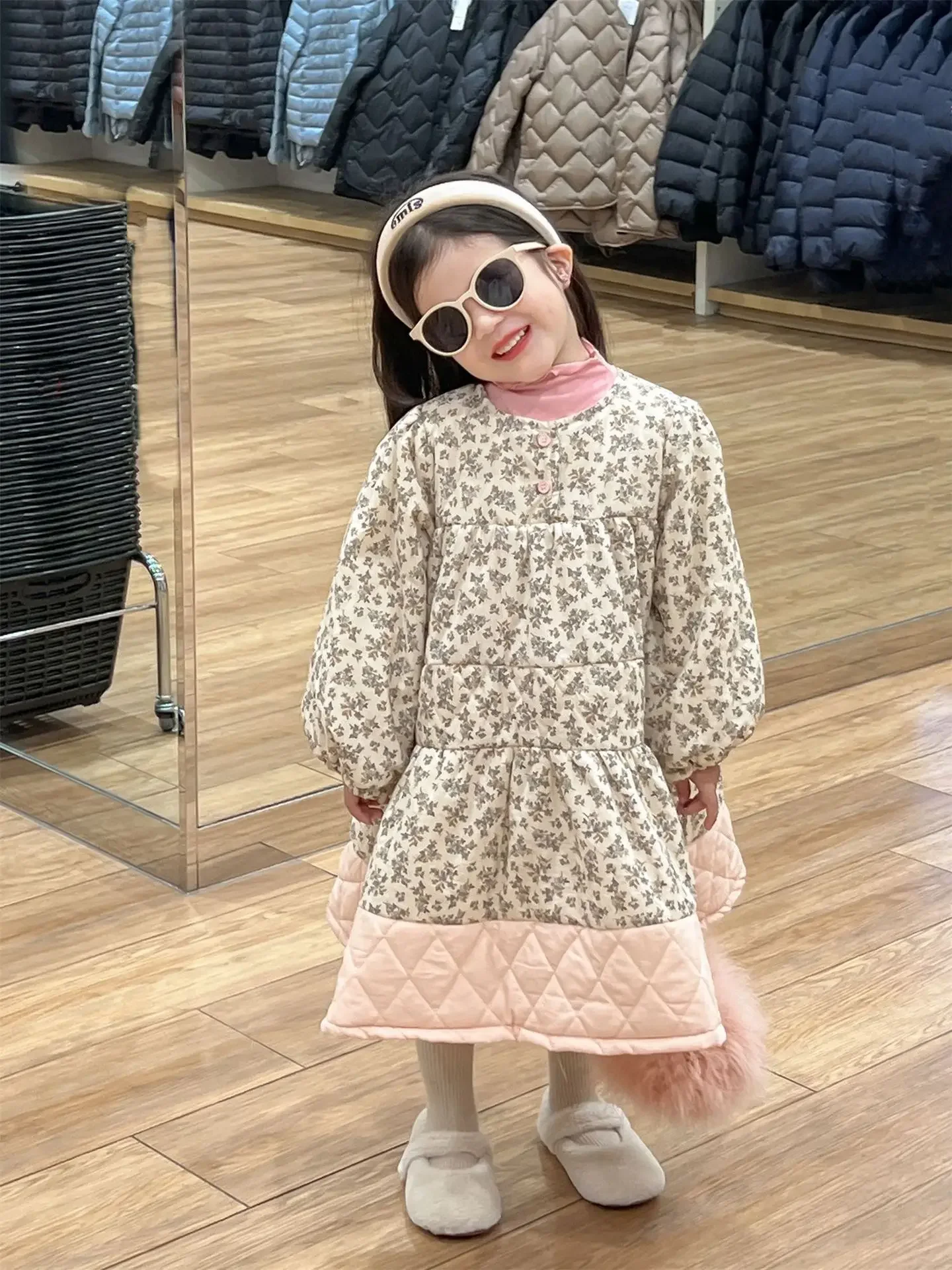 

Girl Winter Dress Children 2023 Winter Korean Girl Clip Cotton Floral Quilted Swing Long Dress Sweet Cotton Dress Winter Clothes