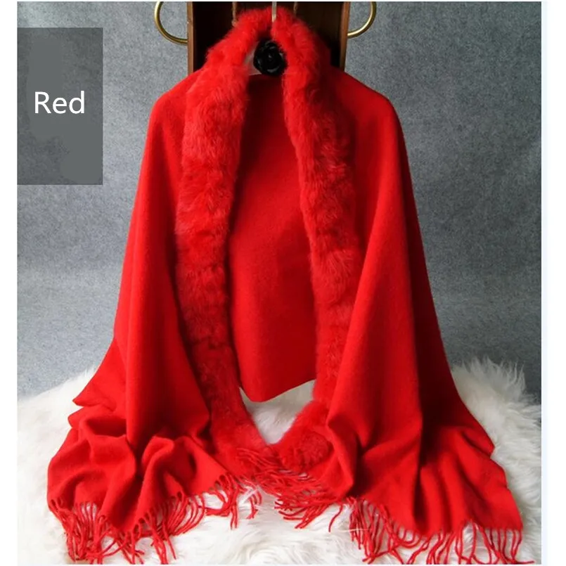 

Winter Autumn Warm Women Wool Scarf with Genuine Rabbit Fur Wraps Female Cape Shawl Wraps