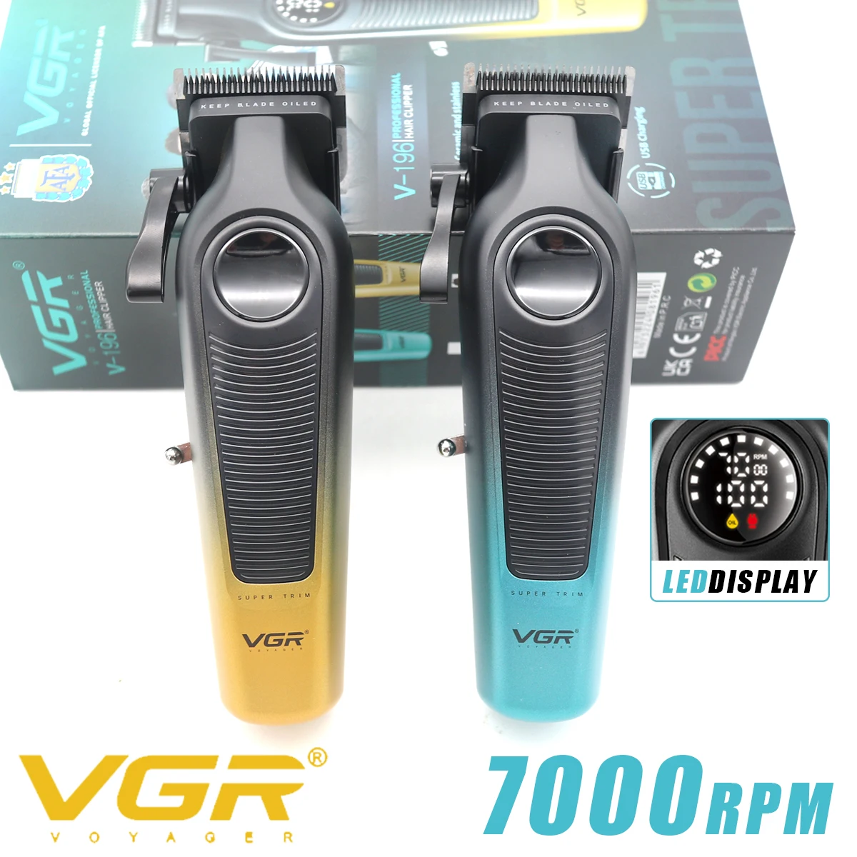 

Машинка для стрижки волос VGR V-196 для мужчин, 7000 об/мин, светодиодный дисплей, лезвие DLC, машинка для стрижки волос, профессиональная парикмахерская машина для отделки волос