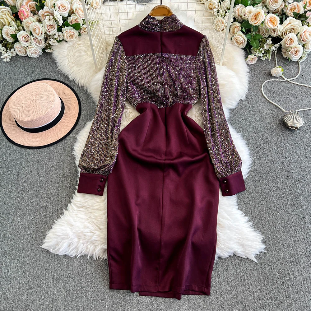 TWOTWINSTYLE Spliced Sequins Chic Dresses For Women V Neck Long Sleeve Evening Party Slimming Dresses Female Fashion KDR518222