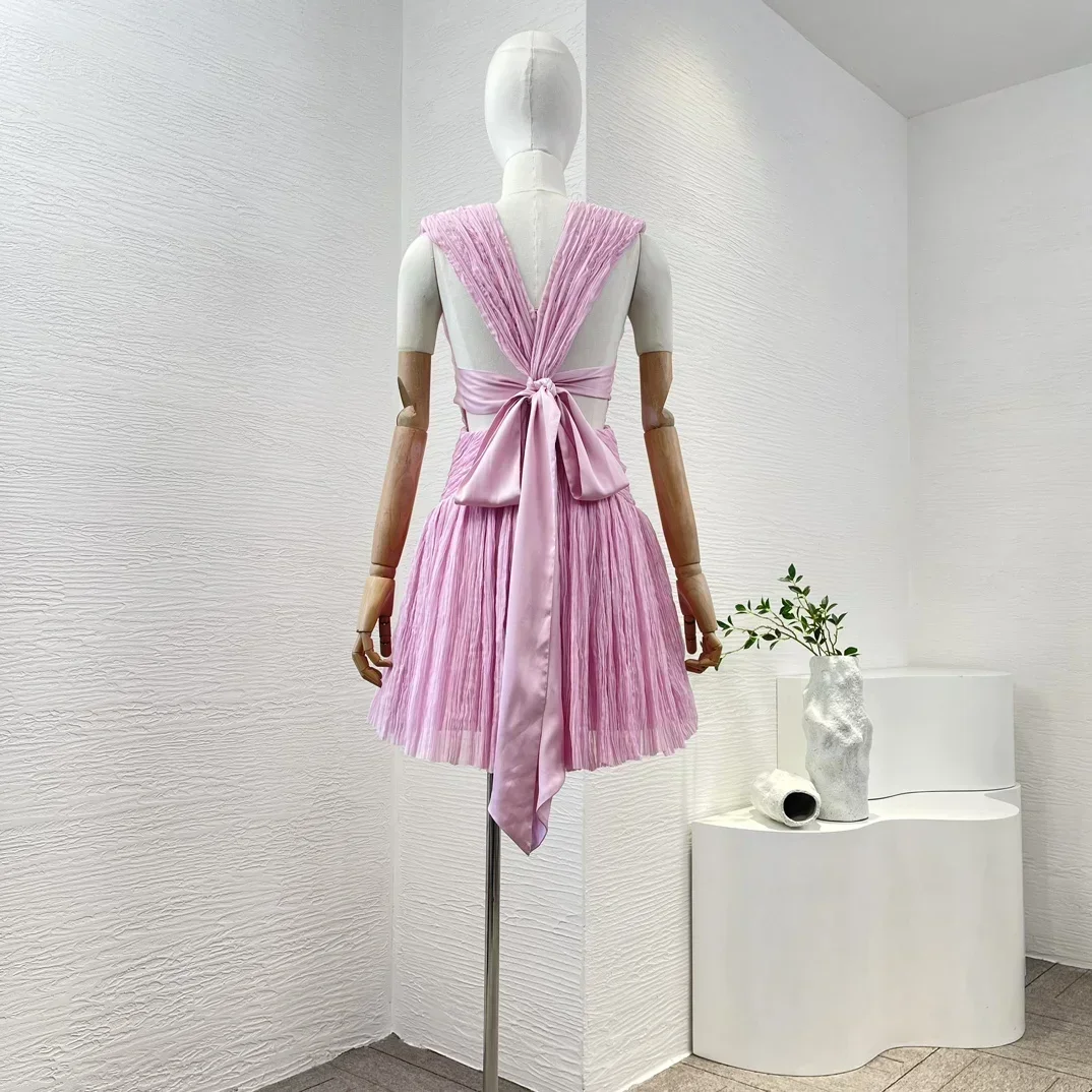 2024 Pink Ruched Pleat Backless Cross Self Bow Tie V-neck Pleats Sexy Sleeveless Women Sweet Mini Dress