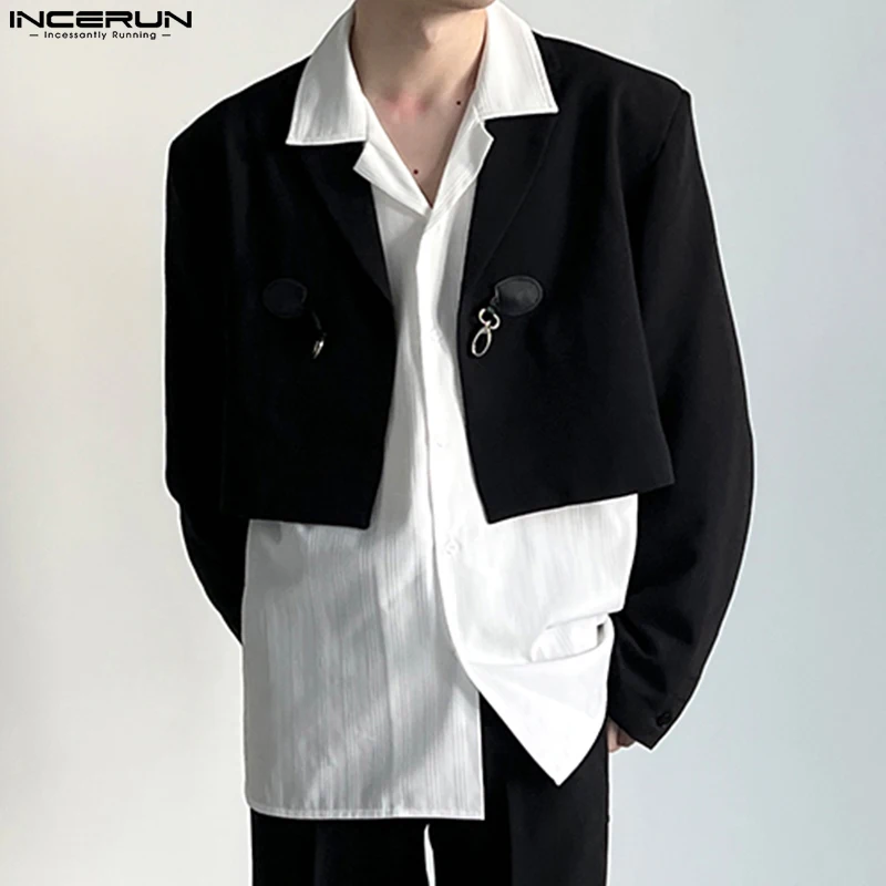 INCERUN Men Blazer Solid Color Lapel Long Sleeve One Button Crop Suits 2024 Streetwear Korean Fashion Casual Thin Coats S-5XL