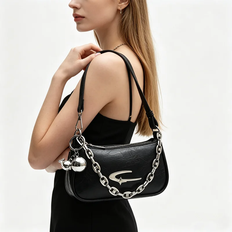 Chic Black Leather Crossbody Bag, Trendy Handbag Shoulder Bags with Chunky Silver Chain, Y2K Purse, Ideal for Women Daily Use