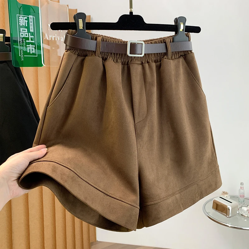 Women's Suede Short Pants Autumn Winter Outerwear High Waist A-Line Wide Leg Shorts Matching Long Boots Pure Color Casual Tro...