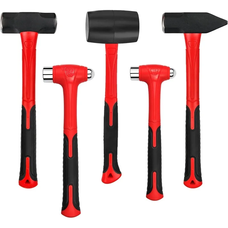 

C&T 5-Piece Hammer Set, 16oz Ball Peen Hammer 32oz Ball Peen32oz Rubber Mallet 3lb Sledge 3lb Cross Peen