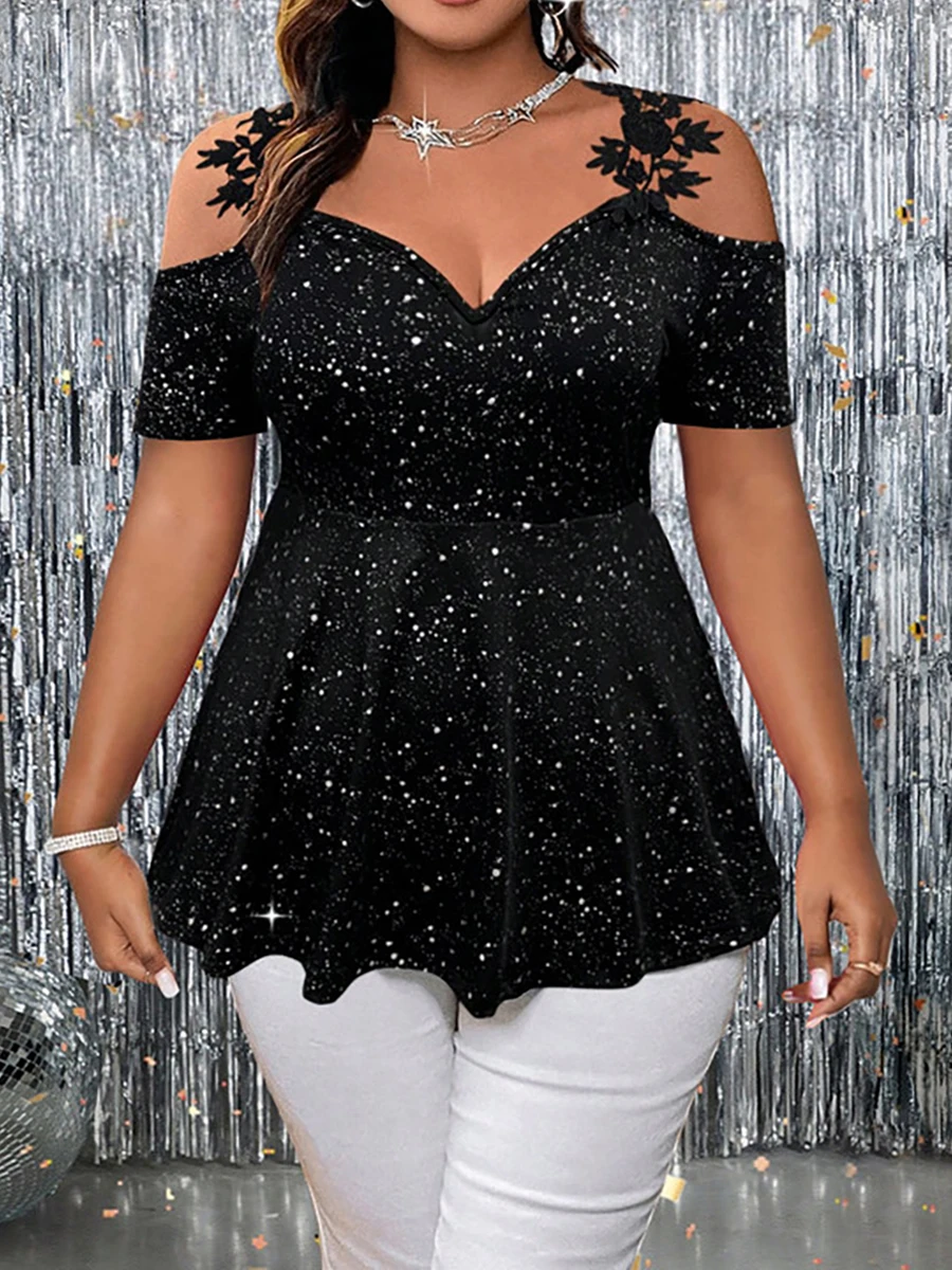 Plus Size Women's T-Shirt Cold Shoulder V Neck Lace Glitter Peplum Tops Glam Spring Summer Chic T-Shirt Party Stretchy Tops