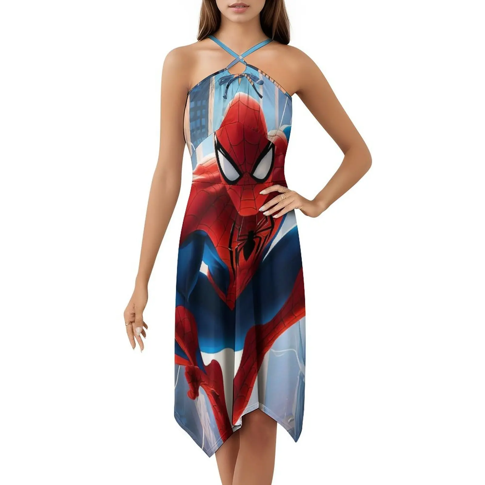 فستان العطلة المثير من السلسلة المتحركة 3 للنساء على الشاطئ وحفلات أعياد الميلاد فستان قصير من سلسلة الرسوم المتحركة ويب أزرق أحمر أسود للمرأة