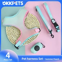 OKKPETS 4in1 Dog Harness&Collar&Leash&Poop Bag Accessories Polyester Gradient Color Pet Harness Set For Small Medium Large Dogs