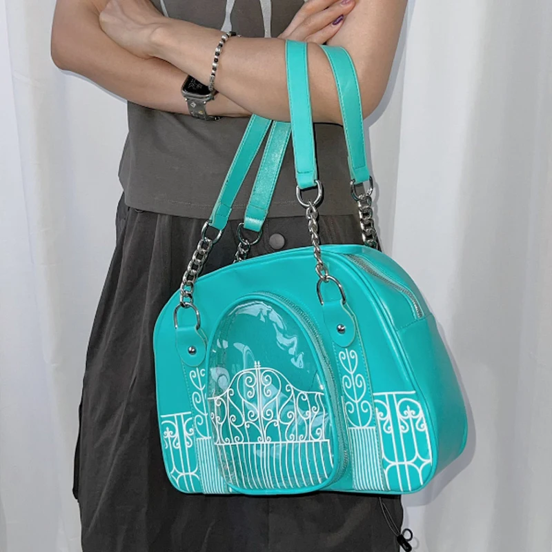 Gothic Ita Bag mit transparentem PVC-Fenster, Damen-Umhängetasche mit Eisentor-Design-Print, Vintage-Handtasche, schwarze Tragetasche – Detail 20