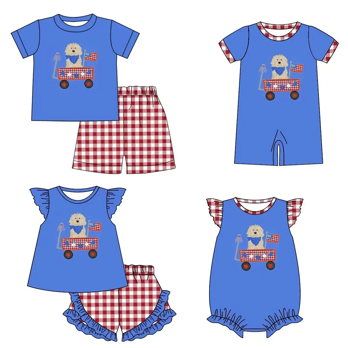 

Independence Day Series summer children's clothing flag puppy printing short sleeve set jumpsuit kids boutique clothes