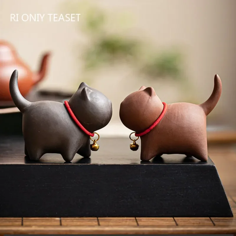 Chinese Purple Clay Tea Pet Good Luck Cat Statue Ornaments Tea Figurine Decoration Handmade Sculpture Crafts Tea Set Decor