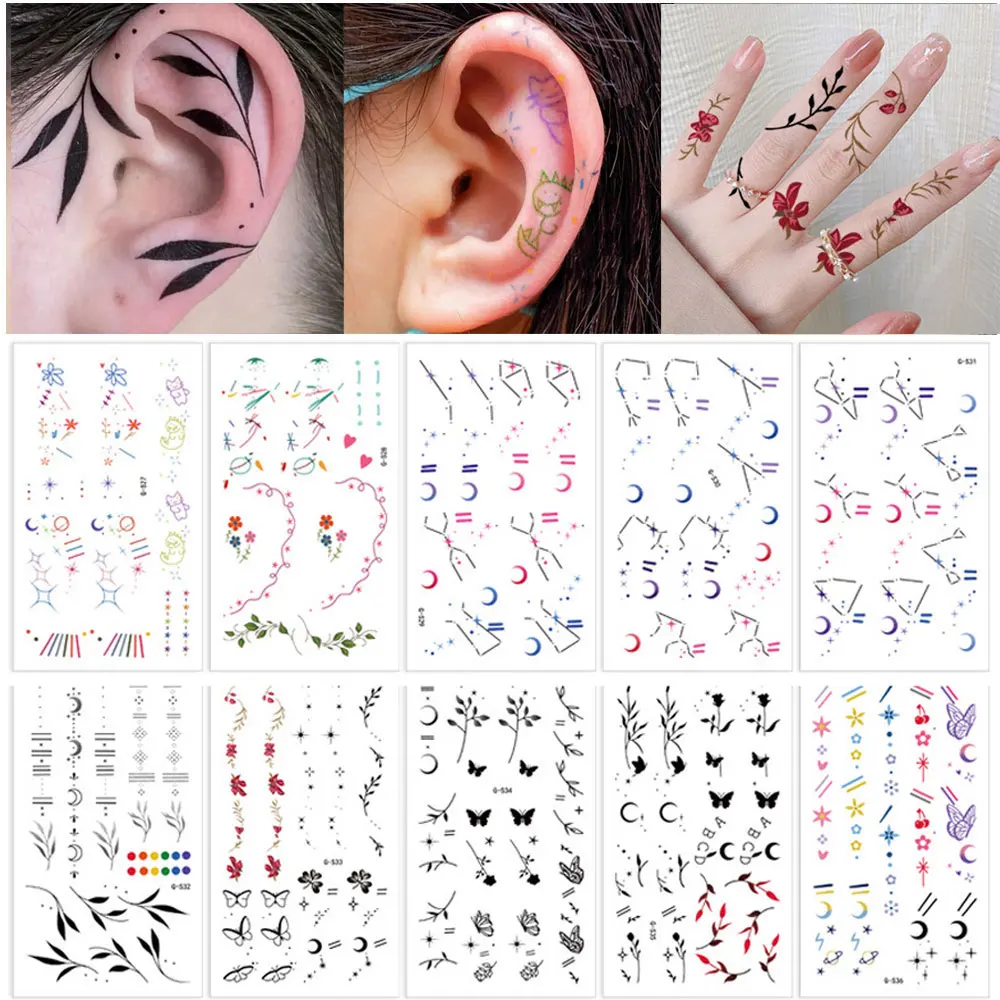 10 Sheets Ear Tattoo Stickers Colorful Small Fresh Leaf EarLobe Hand Disposable Temporary Tattoo Stickers Fake Tattoo for Women