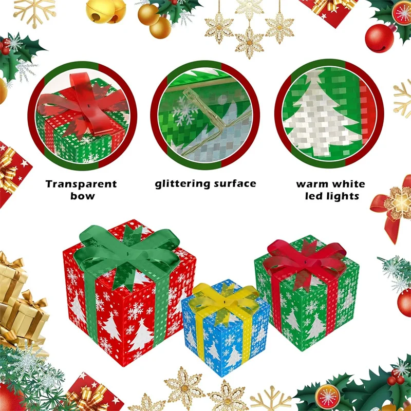 3Pcs/Set PVC Christmas Gift Box Set Luminous Folding Christmas Lighting Box with Bow Ribbon Christmas Glowing Decoration Outdoor