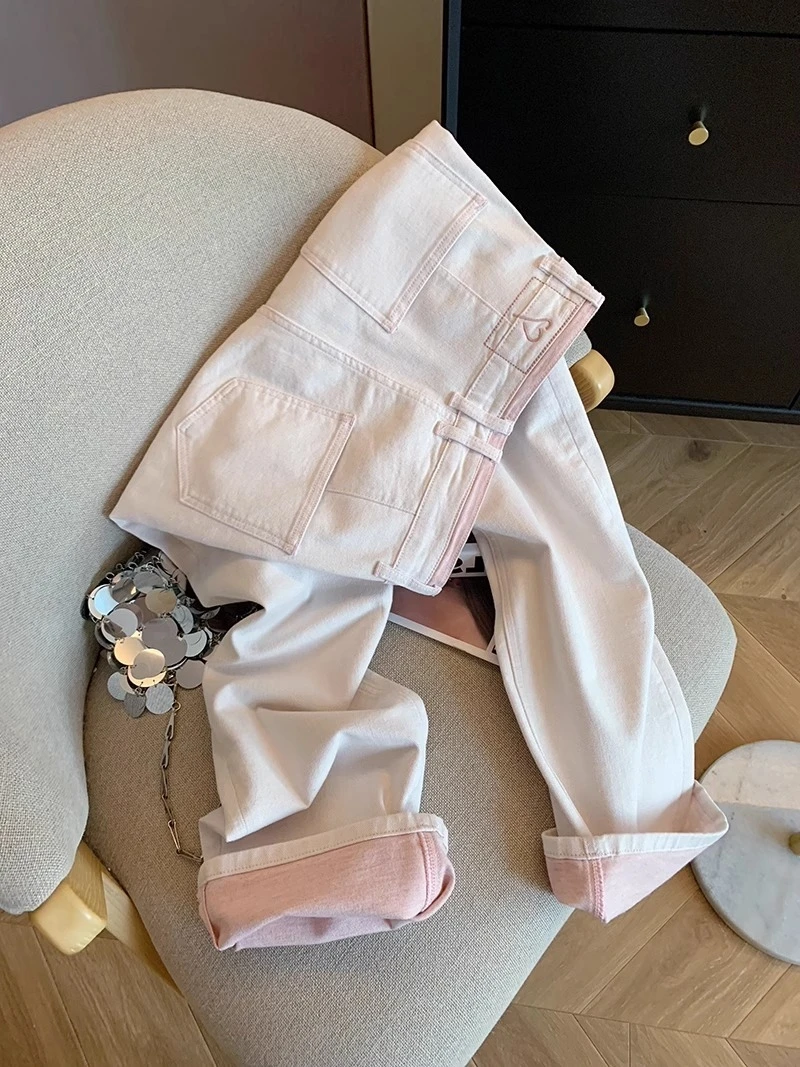 

Укороченные расклешенные джинсы с высокой талией, капри, светло-розовые женские и мужские весенне-осенние повседневные свободные утягивающие универсальные широкие джинсы