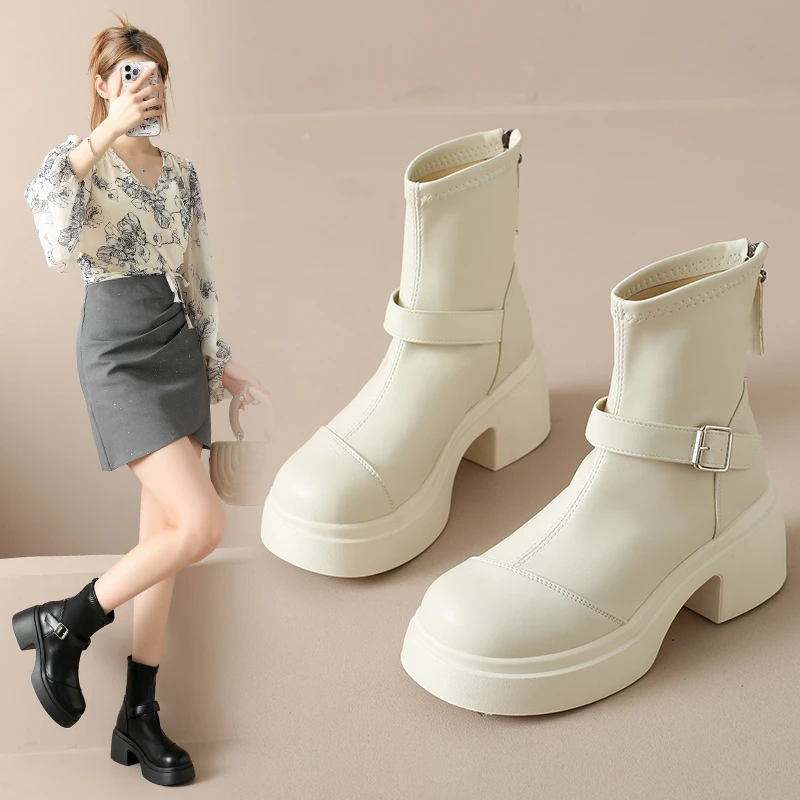 

Модные женские ботинки на массивном каблуке — новинка осени/зимы 2025 года — универсальные высокие каблуки на толстой подошве — короткие ботинки для увеличения