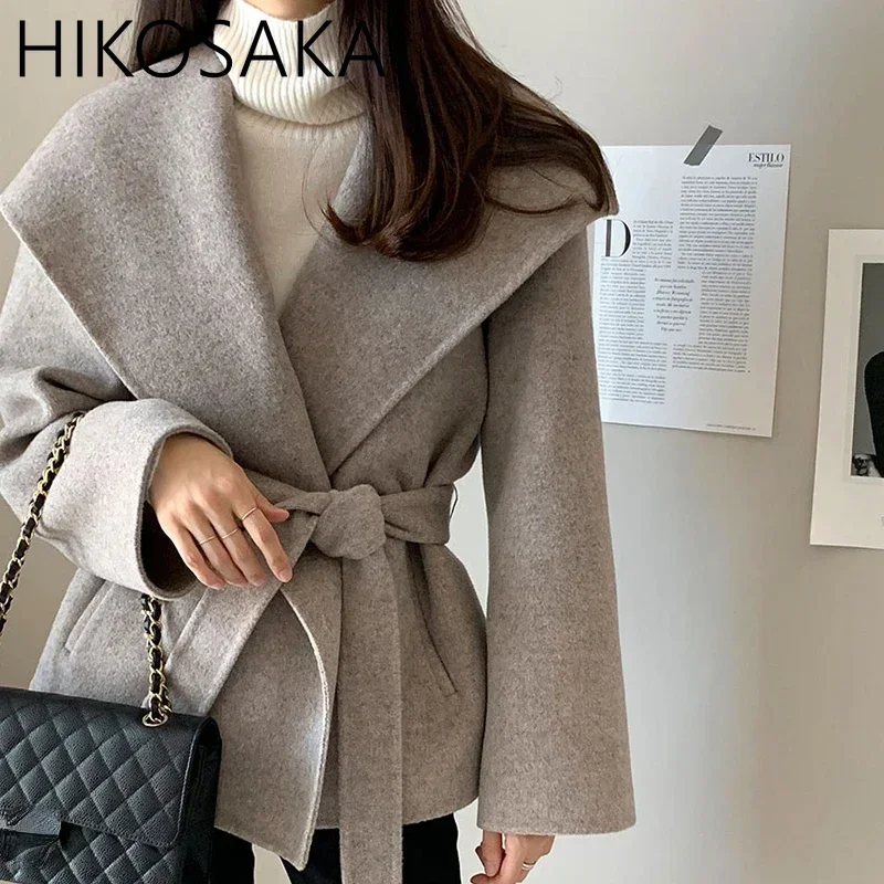 Korean Chic Elegant Turn-down Collar Belt Wollen Coats Solid All-match Long Sleeve Short Overcoat Autumn Winter Commuter Jacket