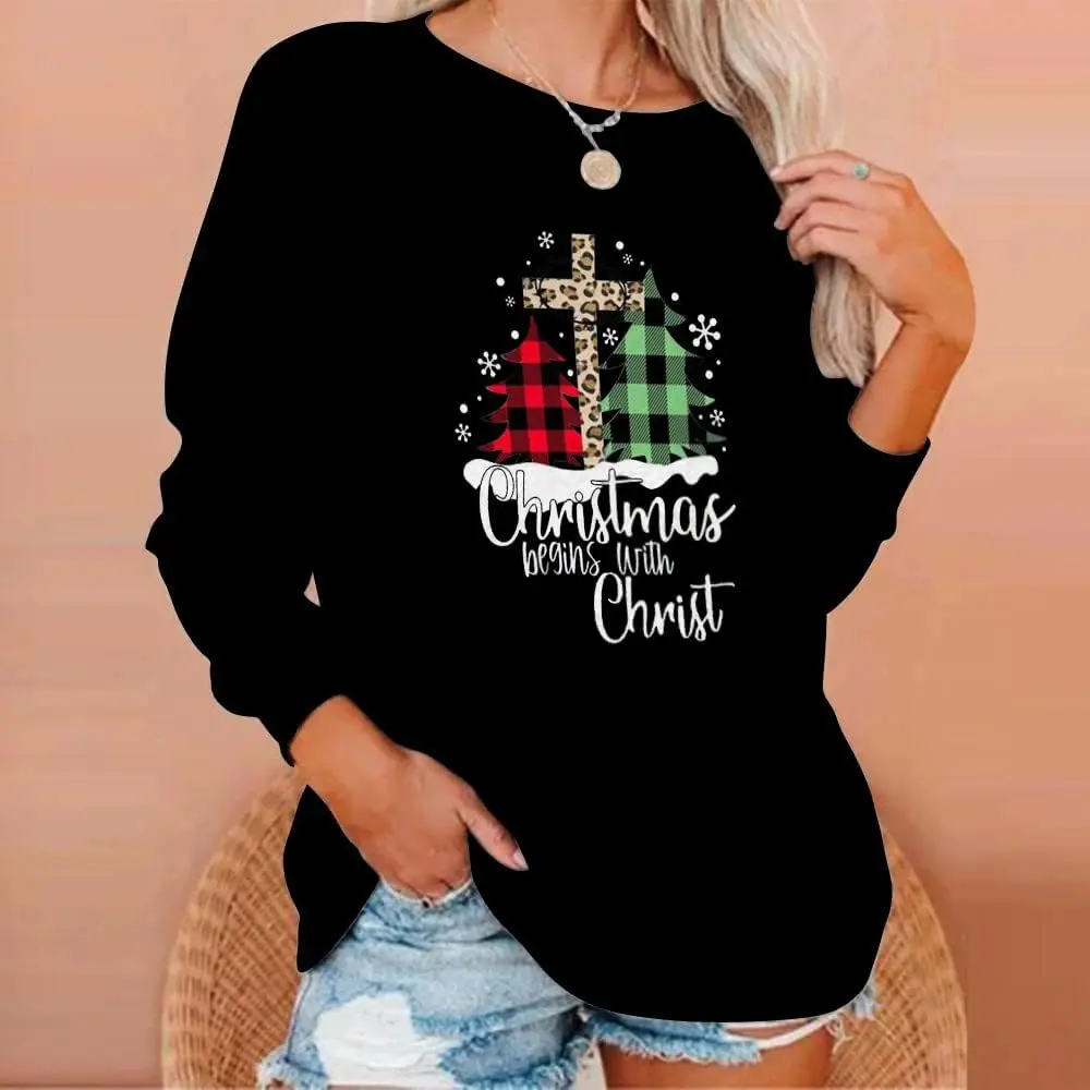 Womens Plus Size Christmas Tops Cute Print Long Sleeve Shirts Christmas in July Decorations 2023