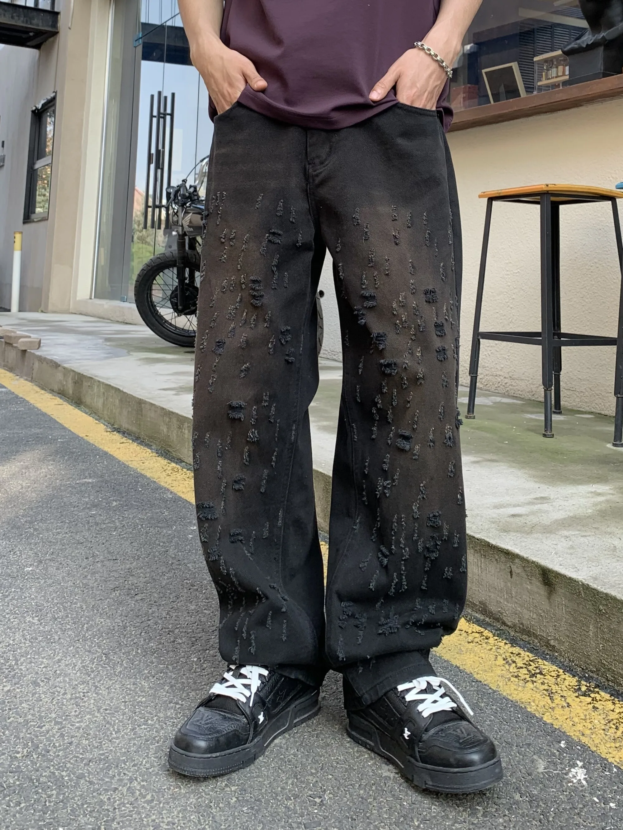 

American Heavyweight Men's Jeans with Hole Design Wide Leg Long Trousers Autumn Fashion Loose Straight Cut Wear Resistant Cot...