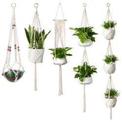 Cesta de macramé hecha a mano para colgar plantas, maceta de flores, decoración colgante para balcón, cuerda de elevación anudada, estilo bohemio, decoración de jardín y hogar