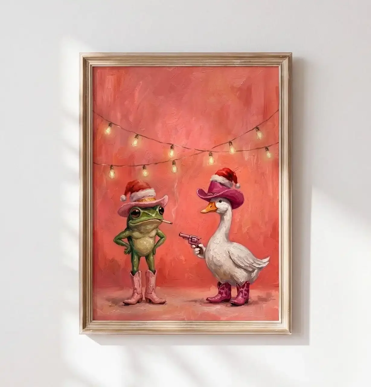 Multiple sizes 1pc frameless Canvas Painting,Funny Christmas Wall Art Poster Cowboy Frog Duck Canvas Print, Weird Western Holida