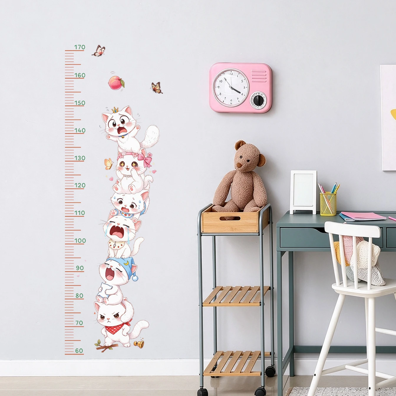 Cute Stacked Cat Height Chart Wall Stickers Kids Growth Ruler Peach Butterfly Peel And Stick Decal Girls Bedroom Decor