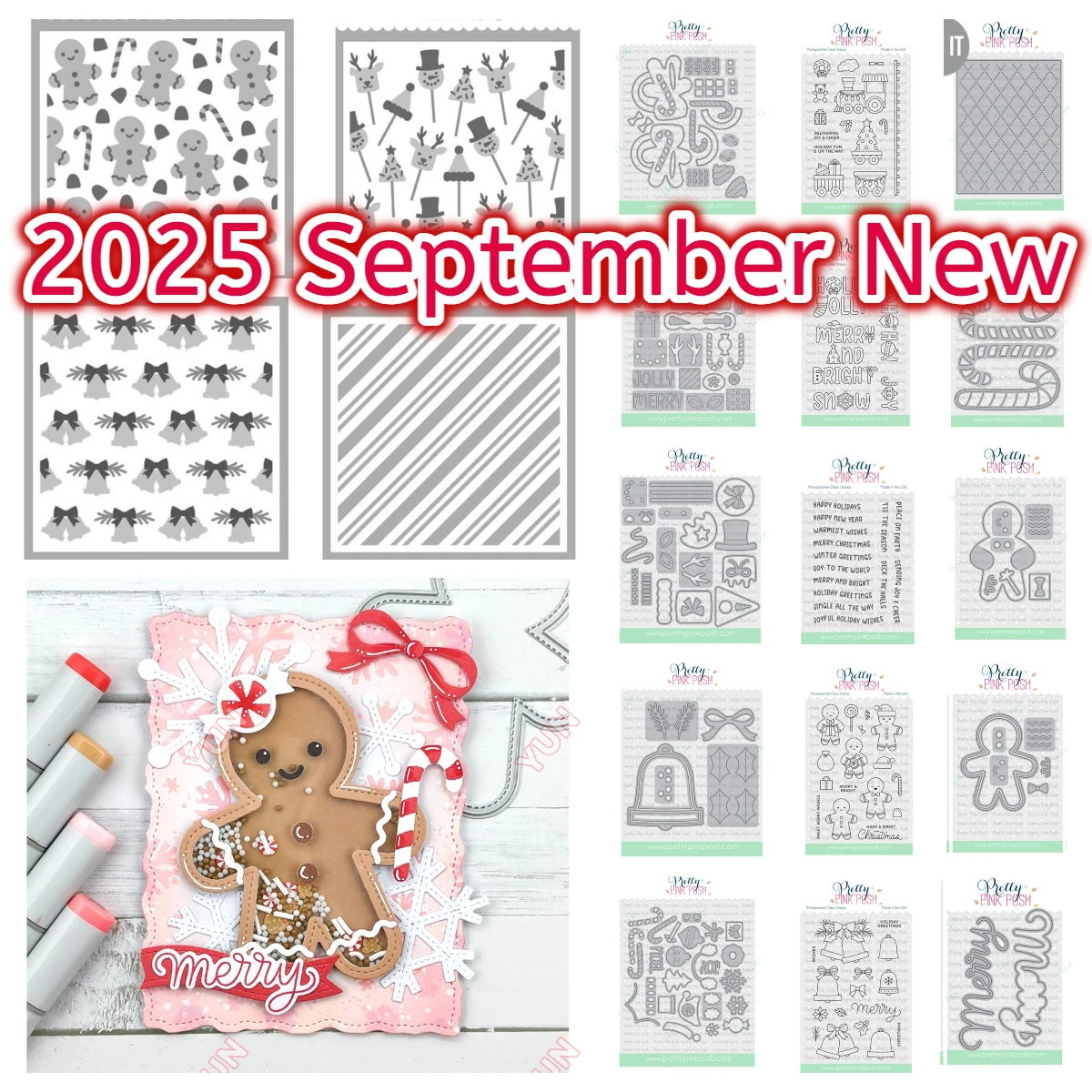 

Pink New Merry Christmas Banner Greetings Bells Gingerbread Train Cake Dies Stamps Stencils Set Holiday Word Scrapbook Diary DIY