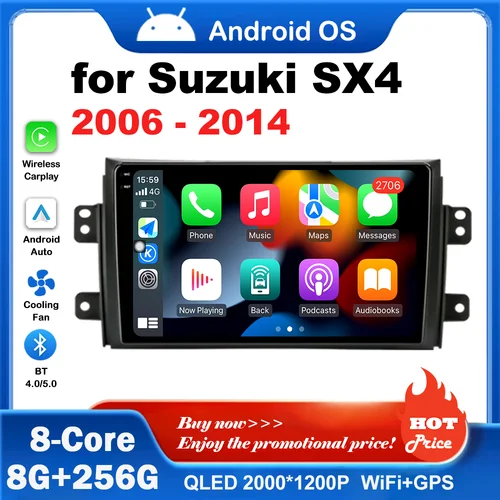 ワイヤレスカーマルチメディアプレーヤー,Carplay, 4g,bt,wifi,ラジオ,分割画面,Android,GPSナビゲーション,9インチ,Suzuki sx4 2006-2014に適合