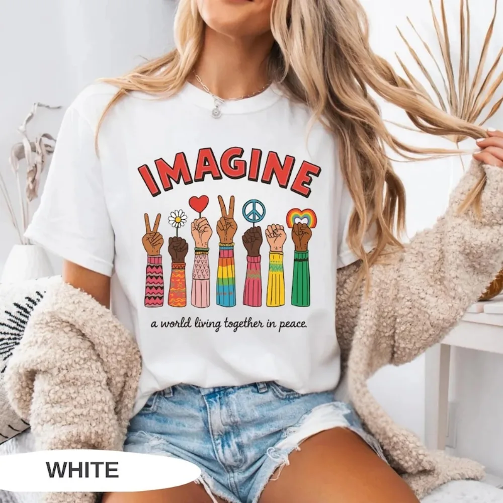 Imagine A World Living Together in Peace Women Shirt Hippie Life Tops Fashion Women Clothes Summer Patterned Prints Shirt