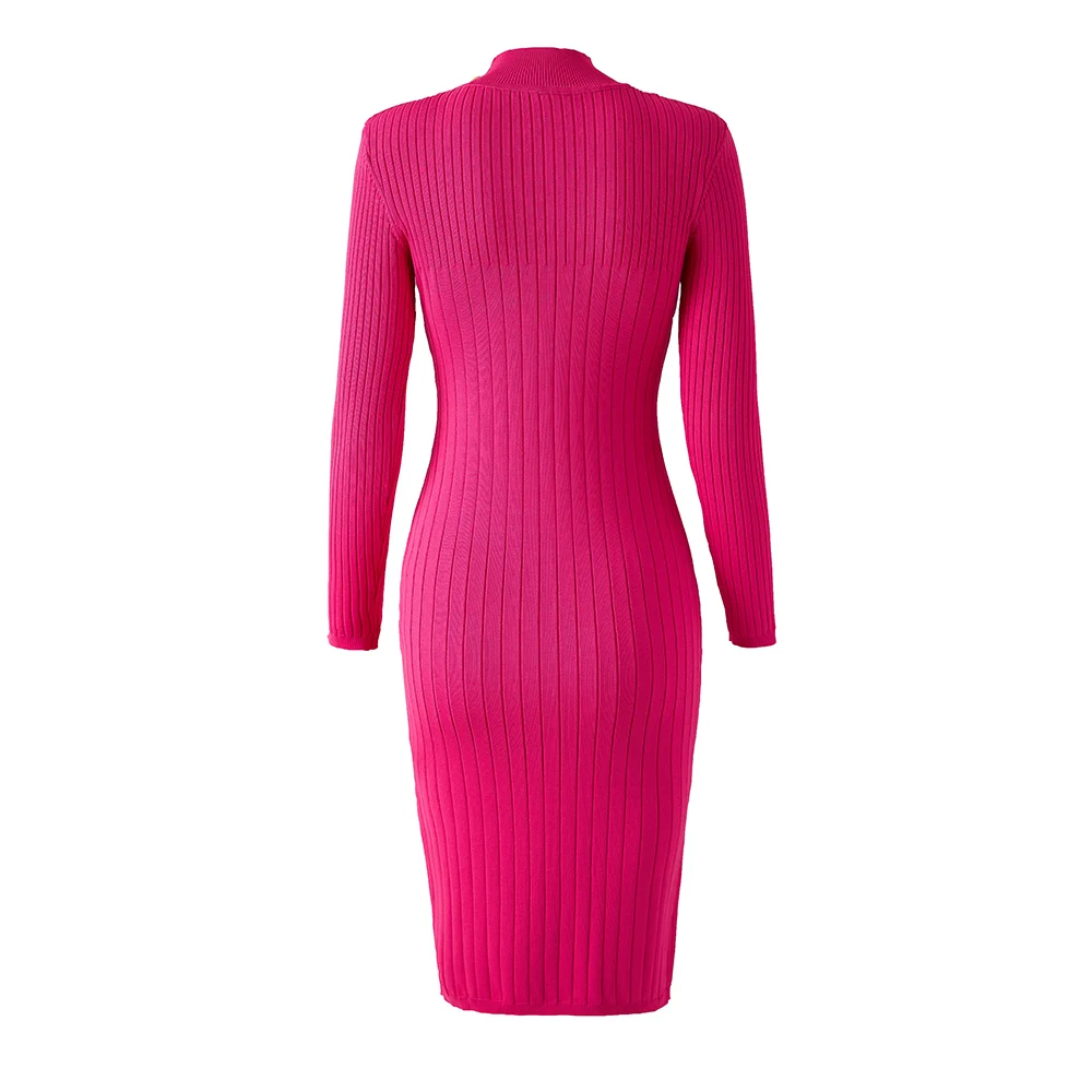 New Spring Collection Stand Collor 2 Colors Plain Knitting Caual Long Sheath Sweater Dress for Women