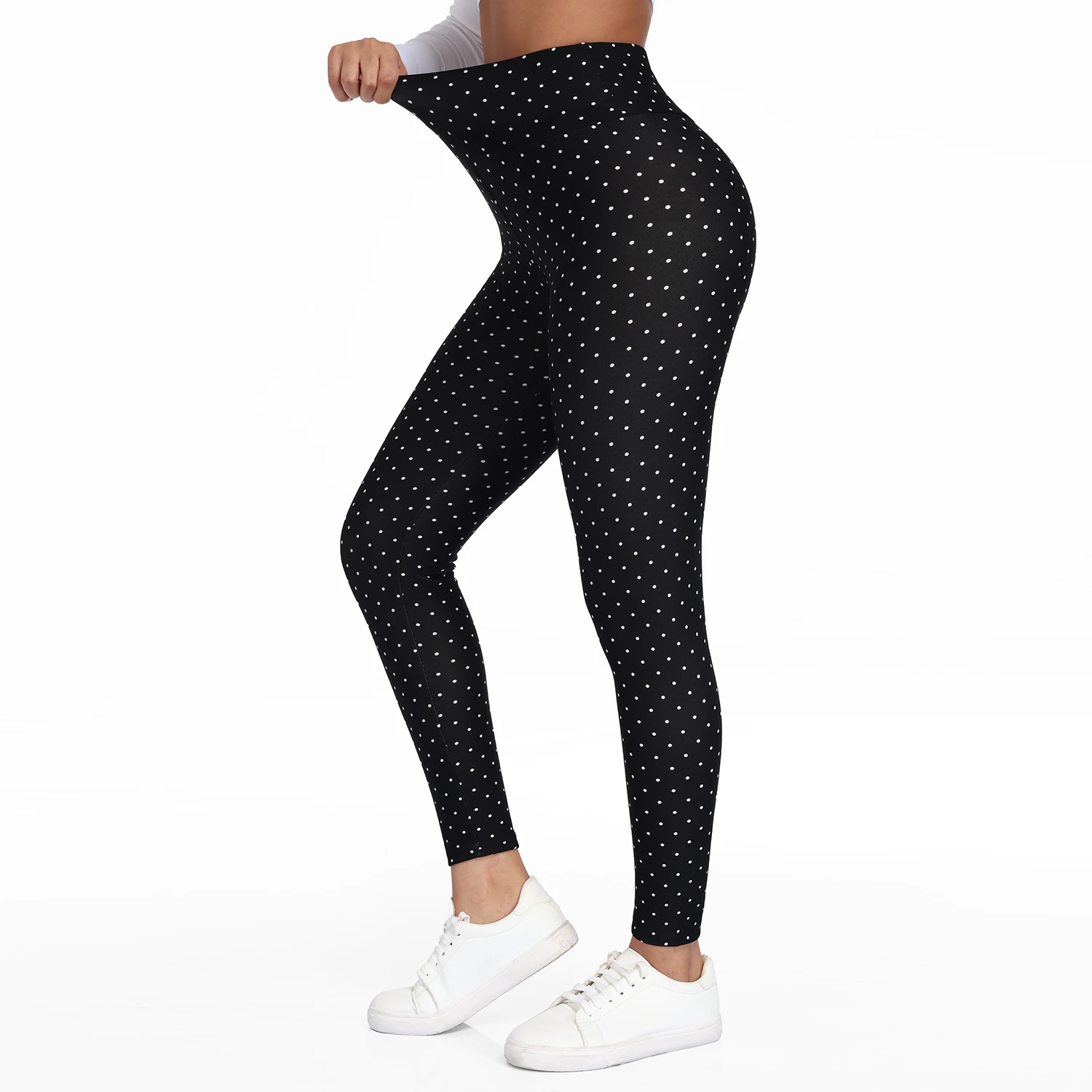  Women Velvet Pack Black White Small Polka Dot High Waist Leggings 4 Way Stretch Soft Breathable Slim Warm Pants For Yoga Sport