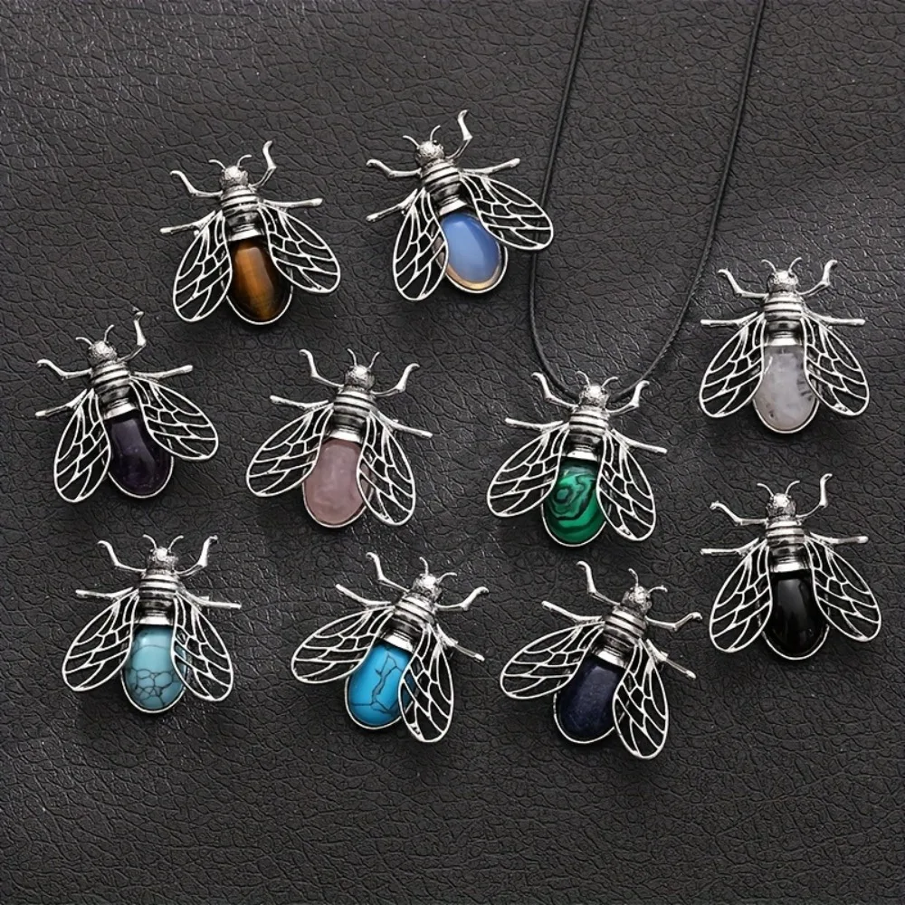 

Bee Shape Natural Stone Pendants, Vintage Animal Gemstone Necklaces for Women