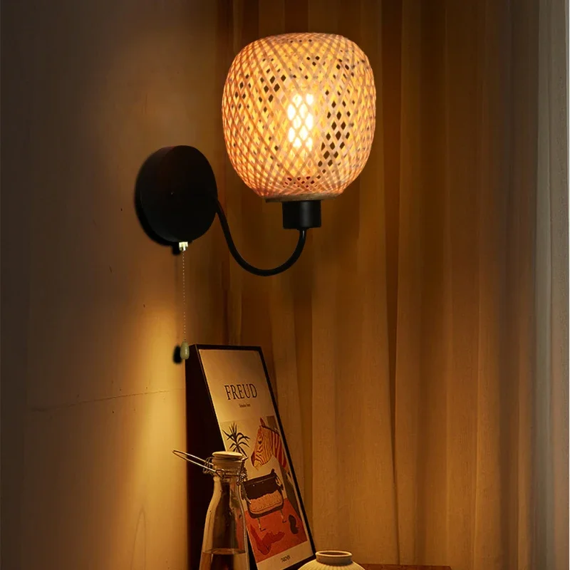 Rattan Bamboo Wall Sconce Light Fixture Vintage Wall Lamp Lighting Bedside Retro Lamp Industrial Decor Dining Room Bedroom image 2