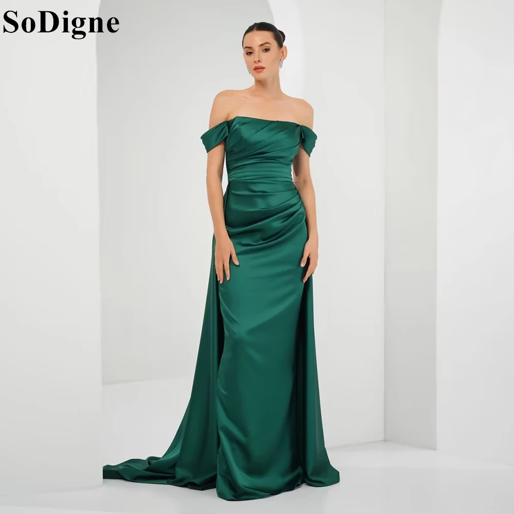 

SoDigne Elegant Emerald Green Satin Evening Dresses Mermaid Off Shoulder Draped Party Dress 2025 Simple Prom Gowns Customized