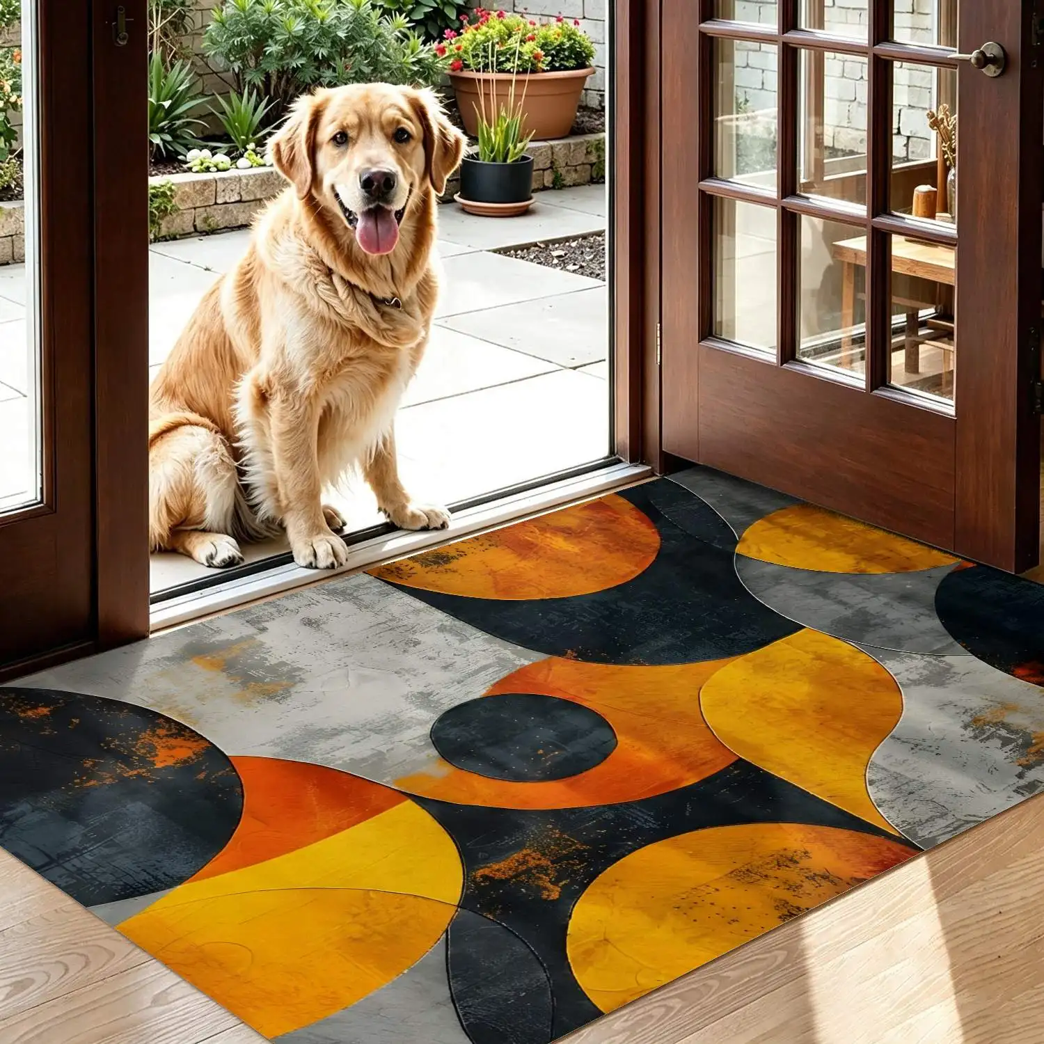 1Pc 2D Printed Carpet: Black, Orange, Yellow Abstract Geometric Patterns Nordic/Instagram/Modern Minimalist/European/Vintage Style, Multi-Size, Machine Washable, Suitable for Entrance, Dining, Foyer, Living Room, Bedroom as a Floor Mat/Home Decor.