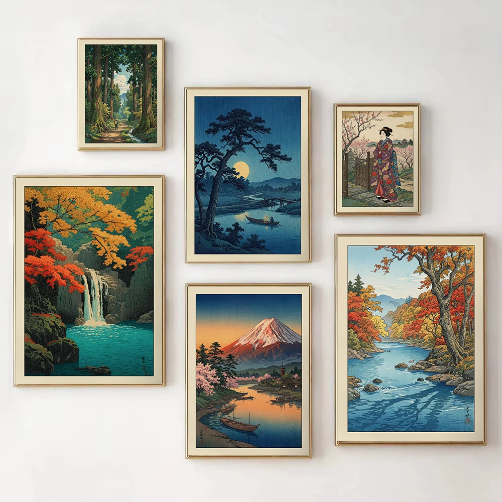 1pc framless Canvas Painting Hasui Kawase Waterfall Fuji Mountain Moonlit River Landscape Poster Print Woodblock Style  Canva