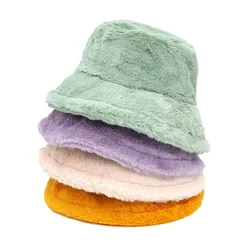 2022 New Faux Fur Winter Bucket Hat Women High Quality Solid Warm Female Cap Outdoor Sunscreen Sun Hat Panama Lady Panama Cap