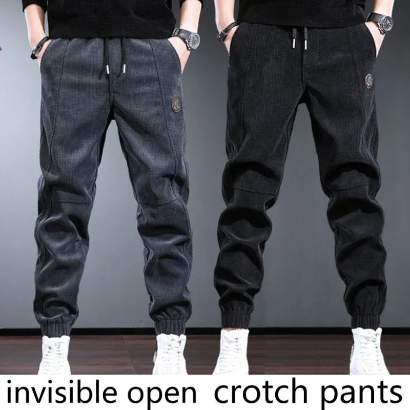 

Invisible crotch pants, men's velvet casual tied feet, new corduroy autumn and winter sweatpants, fully open, convenient for