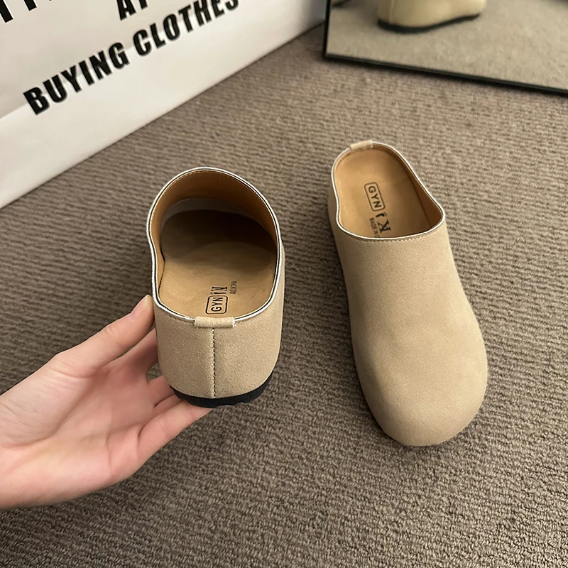 New Women\'s Slippers Closed Toe Round Toe Suede Clogs Sandals Autumn New Retro Solid Color Flat Bottom Women\'s Slingback Shoes