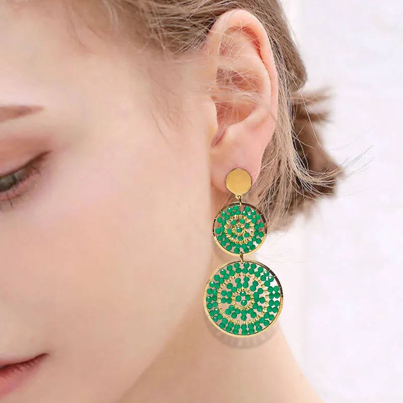 Rice bead earrings Circle Multilayer Green Originality Bohemia Alloy Simple Hand knitting Alloy Beaded earrings