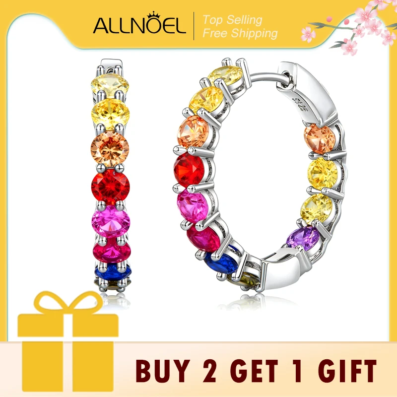 

ALLNOEL 925 Sterling Silver Hoop Earrings For Women Colorful Zircon Rainbow Crystal brincos серьги pendientes Fine Jewelry