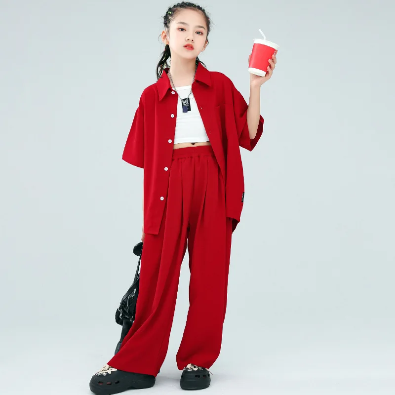 Hip Hop Clothes Girl Loose Oversized Practice Outfit Burgundy Lapel Shirt Jacket + Pant 2pcs K-pop Children's Jazz Dance Costume