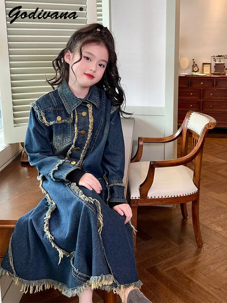 

Cute Girls Spring 2026 New Vintage Denim Skirt Set Little Girls Heavy Fashion Long Sleeve Denim Coat and Long Loose Tassel Skirt