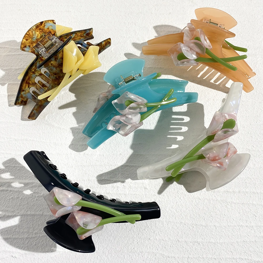 

AENSOA Hair Accessories Three-dimensional Bifacial Tulip Flower Claw Clip Romantic Atmosphere Feeling Acetate Hairpin For Women