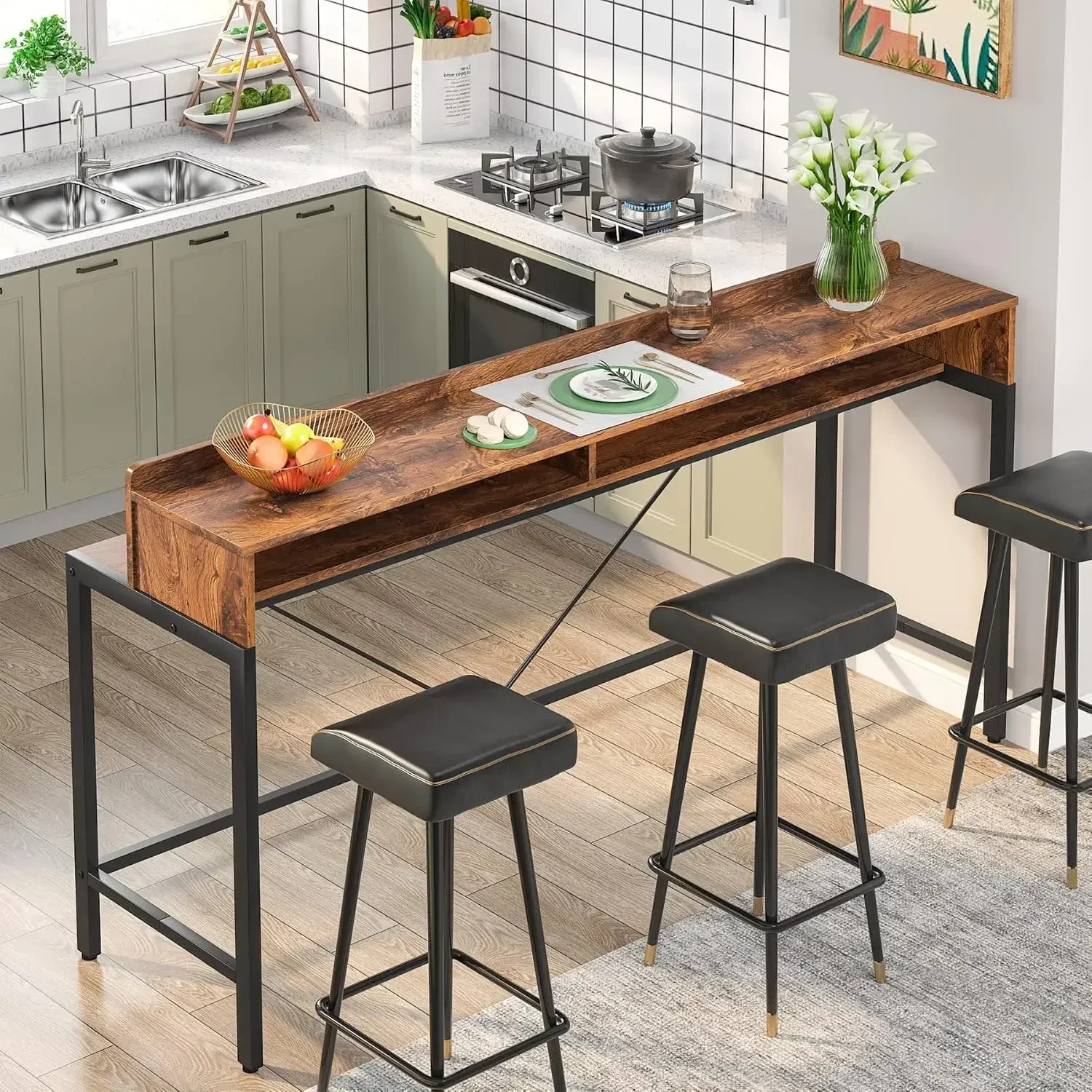 طاولة أريكة طويلة جدًا مع مساحة تخزين، طاولة صناعية خلف الأريكة، أريكة وحدة تحكم بارتفاع 2 طبقات 70.9 بوصة مع أرفف مفتوحة #4