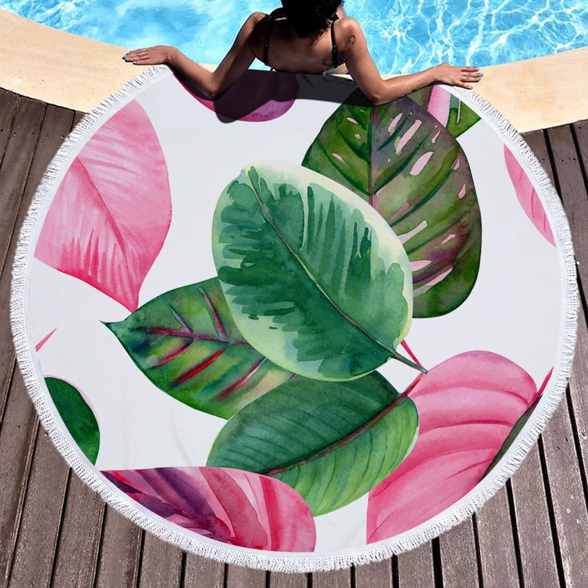 

150cm Round Beach Towel Tropical Plants Monstera Thick Shower Bath Towels Microfiber Summer Swim Circle Yoga Mat with Tassels