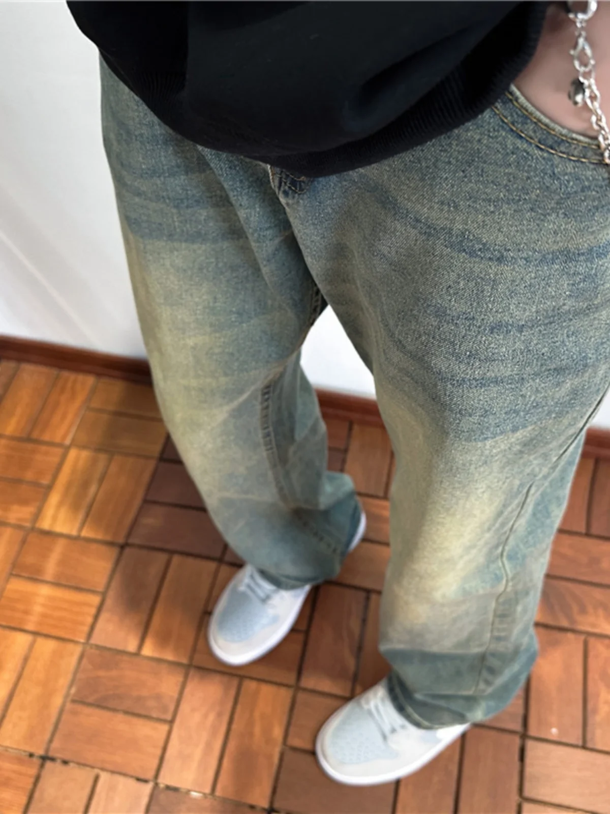 

Мужские джинсы в стиле ретро, синие, с высокой талией, прямого кроя, с эффектом потертости, в американском стиле, длинные брюки, молодежный тренд, износостойкие