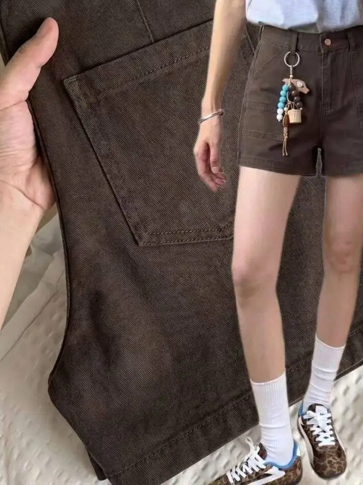 High Waist A-Line Denim Shorts Women's Summer 2026 Slimming Hot Pants Casual Workwear Brown Coffee Color Trendy Ladies Jeans