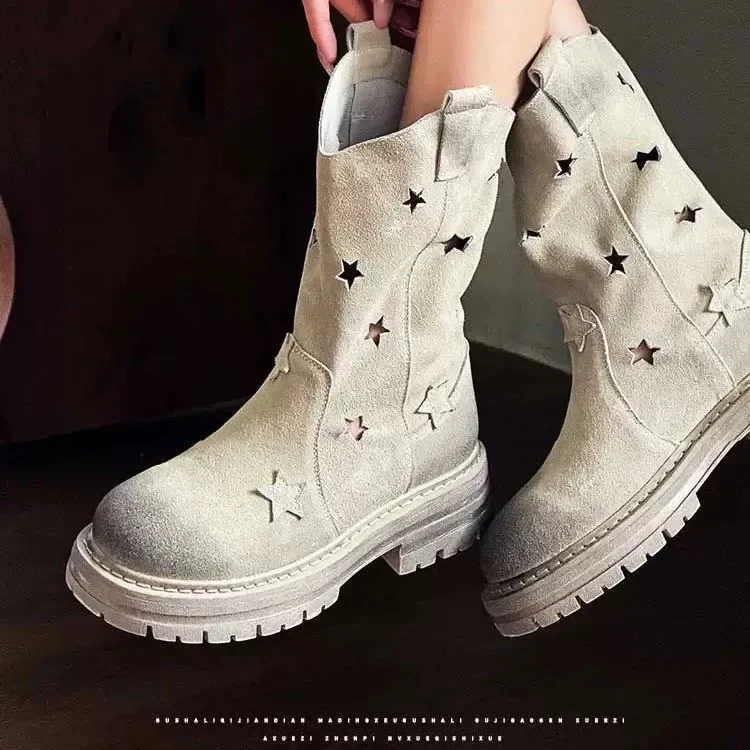 Spring/Summer 2024 Boots Thick Heel Short Boots French Vintage Hollow Star Pointed Western Women Cowboy Cowgirl Boots Goth Shoes