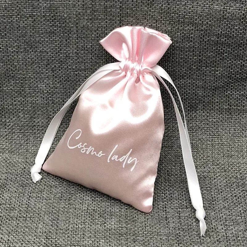 

50pcs Silk Packaging Bags Custom Logo Cute Satin Drawstring Pouch Hair Jewelry Cosmetic Clothes Shoe Travel Storage Sachet Pink