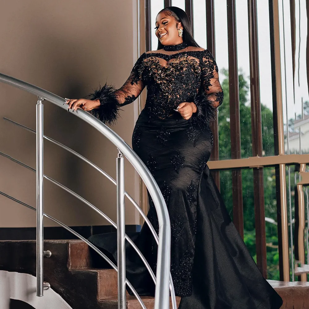 Plus Size Prom Dresses for Black Women Prom dress High Neck Feathered Long Sleeves Beaded Appliqued Lace Birthday Dress Second